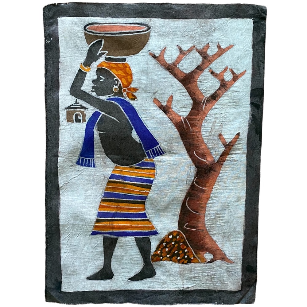 Batik Woman Carrying Basket Hand Dyed Fabric Panel by Artist Theodore Asshola